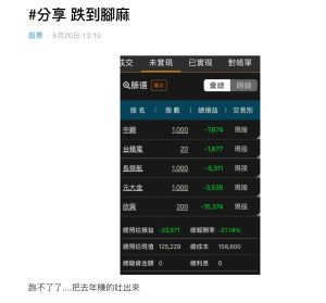 ▲原PO崩潰貼出對帳單，並表示「跌到腳麻」，預估虧損金額為3.3萬元，總報酬率為-21.14%。（圖／翻攝自《Dcard》）