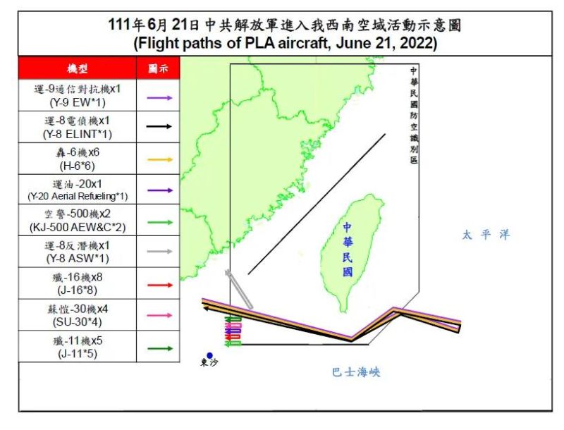 ▲6月21日共機進入我西南空域示意。(圖/國防部提供)