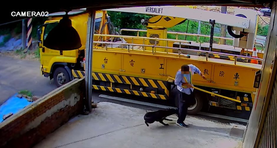 ▲桃園新屋區昨（21）日有台電人員前往進行維護作業時遭到狗撲咬，台電人員憤而持棍棒追打狗，引發討論。（圖／翻攝自記者爆料網）