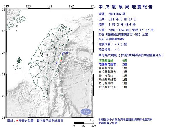 05:02花蓮豐濱鄉發生地震！芮氏規模4.4　最大震度4級