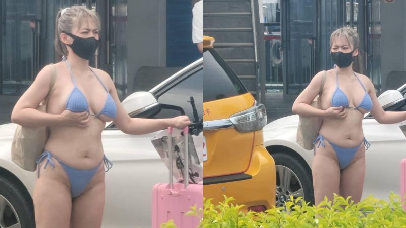 ▲東港碼頭有女子穿比基尼疑似在攔車被網友捕捉，沒想到真實身分為一名英文老師兼小模。（圖／爆廢公社公開版）