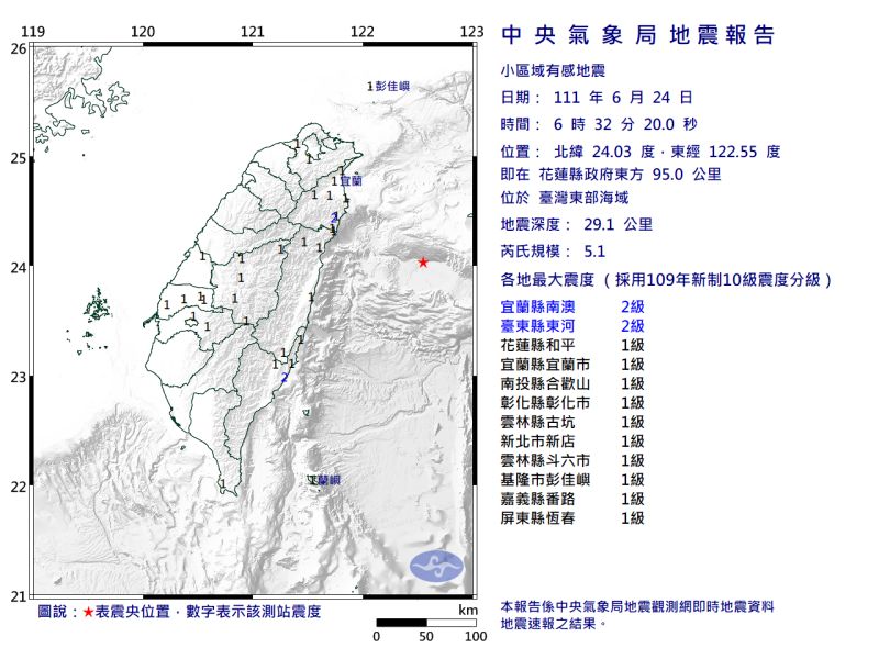 快訊／06：32花蓮外海地震！芮氏規模5.1　最大震度2級