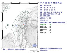 ▲第一起地震發生在深夜00時07分,深度7.3公里,芮氏規模4.0。(圖/中央氣象局) ▲第一起地震發生在深夜00時07分,深度7.3公里,芮氏規模4.0。(圖/中央氣象局)