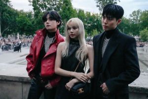 ▲BTS成員V（左起）、BLACKPINK成員LISA、朴寶劍出席時裝週。（圖／AP）