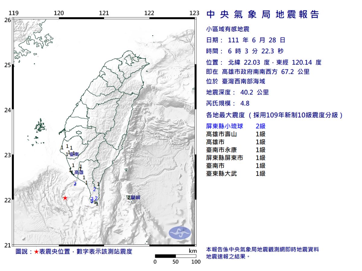 ▲高雄外海今（28）早6點03分發生有感地震，芮氏規模4.8。（圖／中央氣象局）