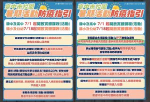 可以進校園運動了!台中7/1開放、全天暑輔課須備查 ▲台中市26日公佈校園暑期活動防疫指引(左),今修正第一項規定(綠框處)要求備查。(圖/台中市政府提供,2022.06.28)