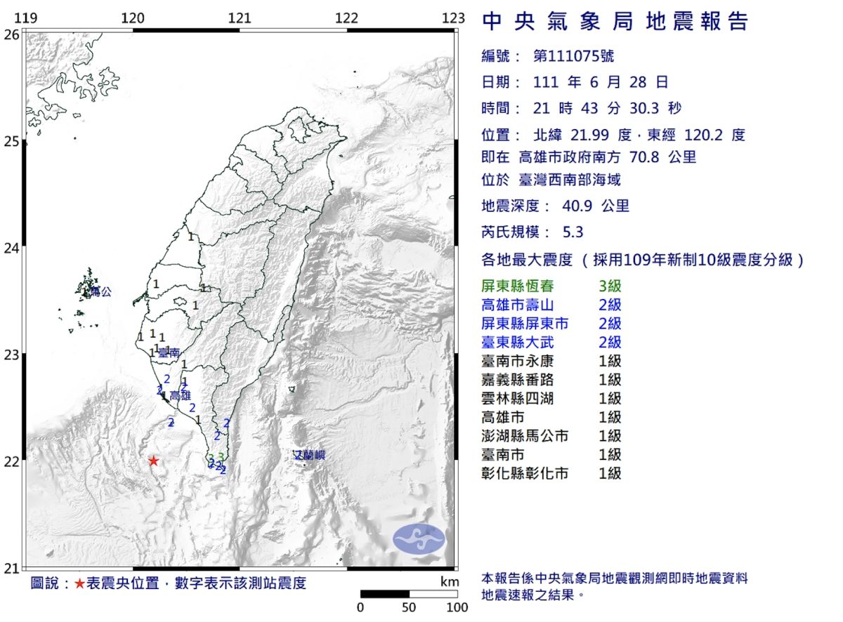 ▲高雄市西南海域今（28）日晚間9點43分發生規模5.3地震，地震深度40公里。（圖／氣象局提供）