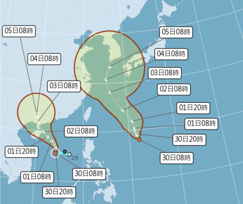 ▲位於南海的熱帶性低氣壓，今天上午8時已發展為今年第3號颱風「芙蓉」，而在菲律賓東方海面上也有另一個熱低壓發展中，中央氣象局研判短期內就可能成為第4號颱風「艾利」。（圖／翻攝中央氣象局官網）