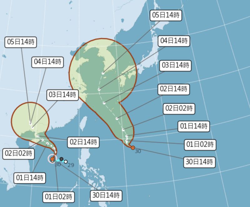 ▲芙蓉颱風生成後將逐漸往中國沿海移動，而菲律賓東方海面上的熱帶性低氣壓，氣象局研判有機會發展成第4號颱風「艾利」，未來將逐漸沿著高壓邊緣北轉。（圖／翻攝中央氣象局官網）