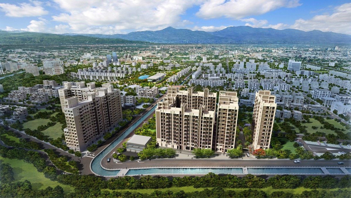 ▲員林房市熱，位居184重劃區Ａ級地段的「合陽鼎峰」採莊園級造鎮，規劃特殊。此為3D示意與區域鳥瞰合成圖。（圖／品牌提供）