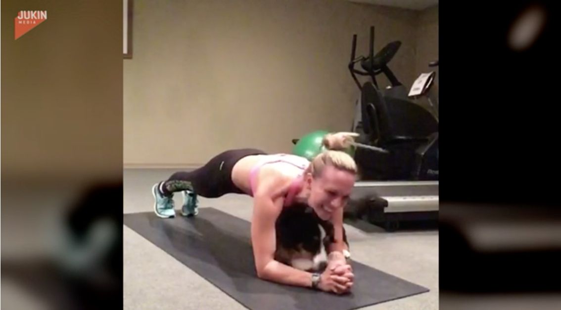 ▲國外有隻狗狗希望得到辣妹主人更多的關注，竟然在她健身做棒式的時候在她身邊蹭來蹭去，還舔遍她的臉。（圖／AP美聯社／Jukin Media）