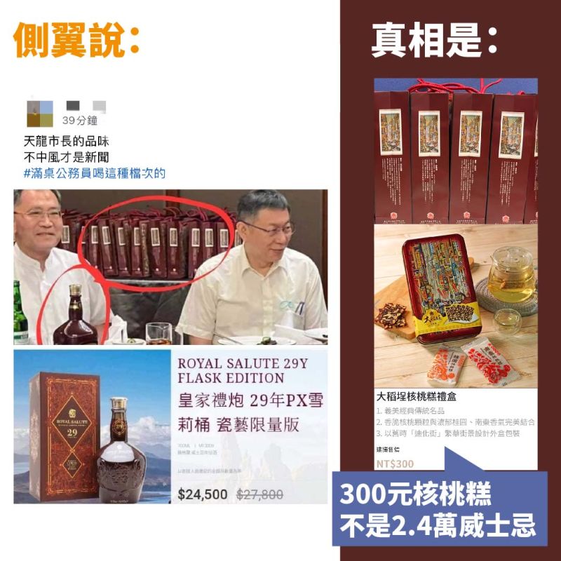 ▲針對側翼粉絲專頁直指宴席現場的酒品是價值破2萬的限量酒款，對此陳智菡指出，現場的酒類都是台中市方面準備，至於後方的紙袋也非酒類禮盒，而是台北市的伴手禮核桃糕。（圖／台北市政府提供）