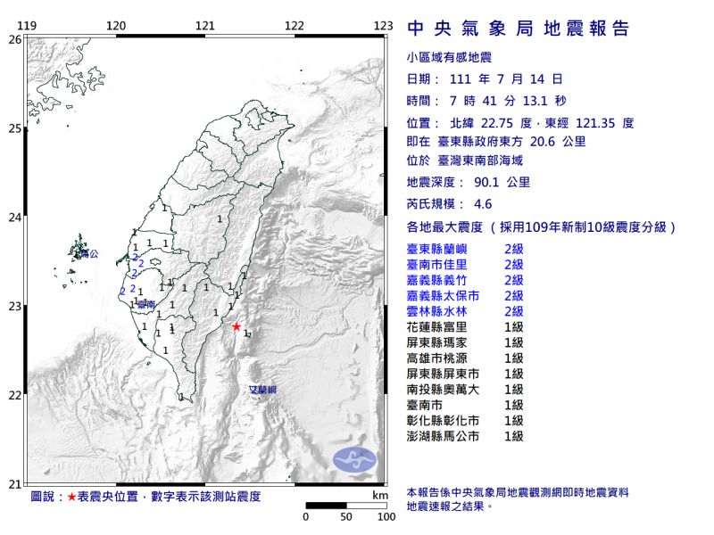 07:41東南部外海規模4.6地震　「台南-高雄間」火車延誤
