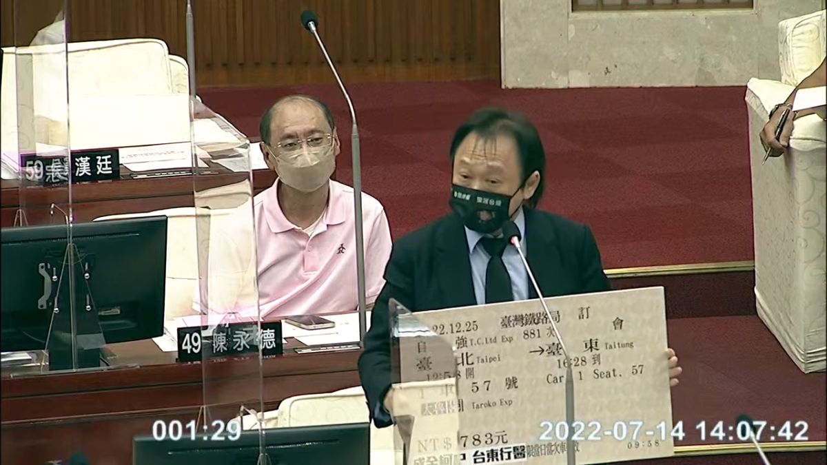 ▲民進黨台北市議員王世堅送給台北市長柯文哲一張前往台東的單程車票。（圖／翻攝自臺北市議會YouTube）