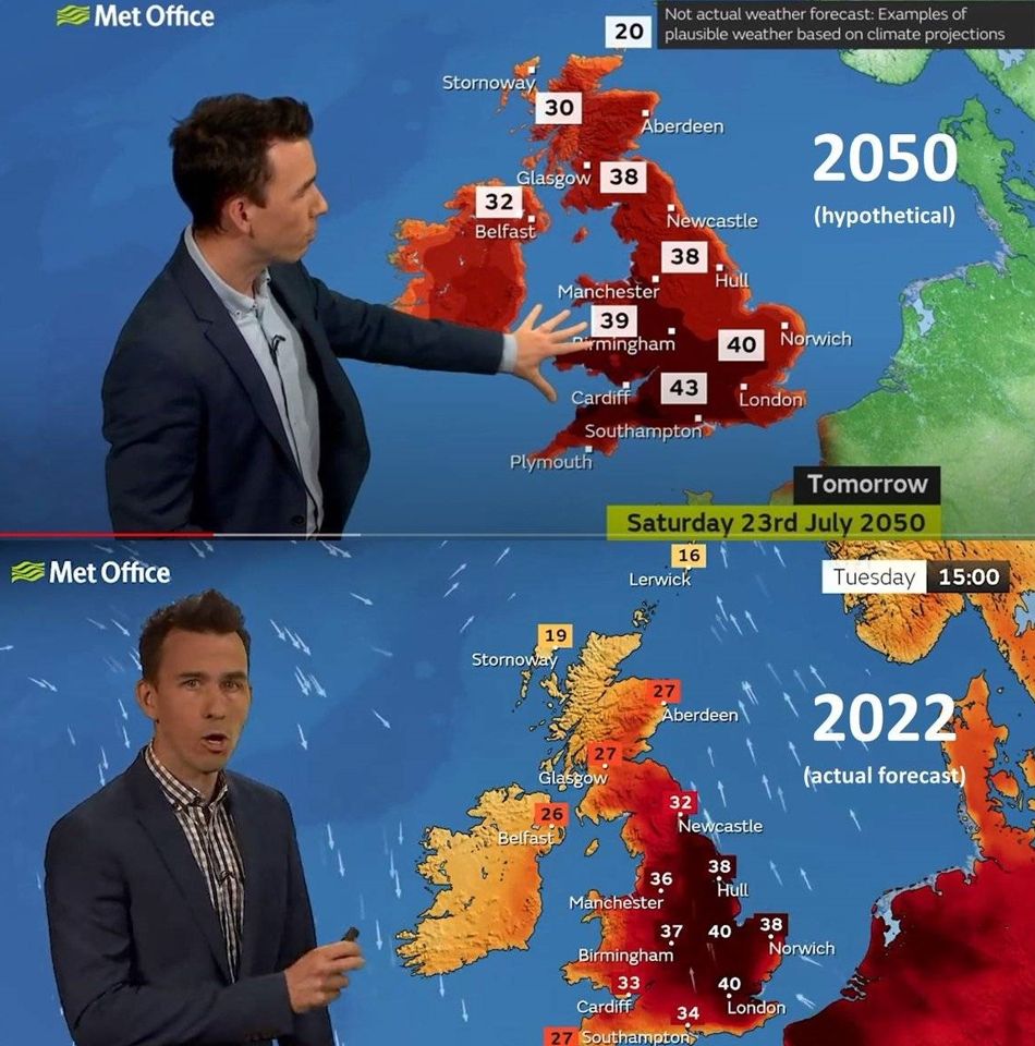▲英國氣象局推測的 2050 年 7 月 23 日氣溫與當地下週二的天氣預報幾乎完全相同，該國氣象學家或將有史來首次發布「紅色」高溫警告。（圖／翻攝自推特@SimonLeeWx）