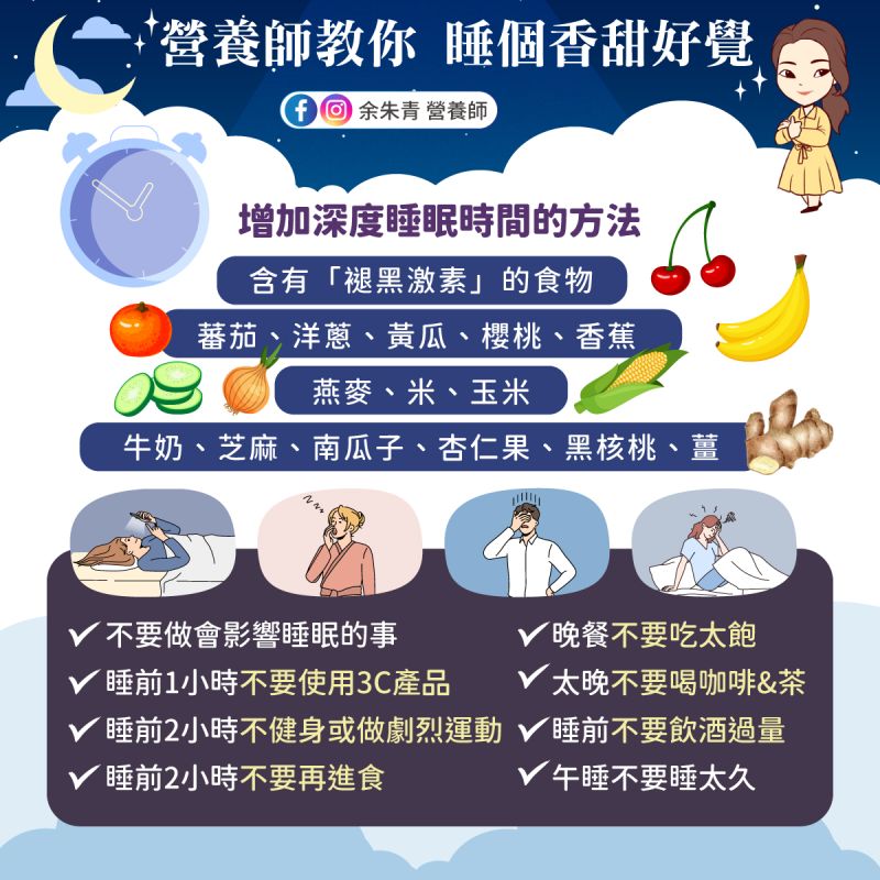 ▲睡眠不足對身體健康影響大,建議可以多攝取含有褪黑激素的食物。(圖/取自《余朱青 營養師》FB)
