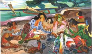 ▲即將於8月新加坡上拍的作品之一：亨德拉．古拿溫，Fish Market on the Beach，油畫、畫布，140×234 cm，1980。（圖／蘇富比提供）