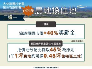 ▲大林蒲遷村計畫「農業區土地得以區段徵收方式換選高坪特定區住宅區土地」。（圖／高市府提供）