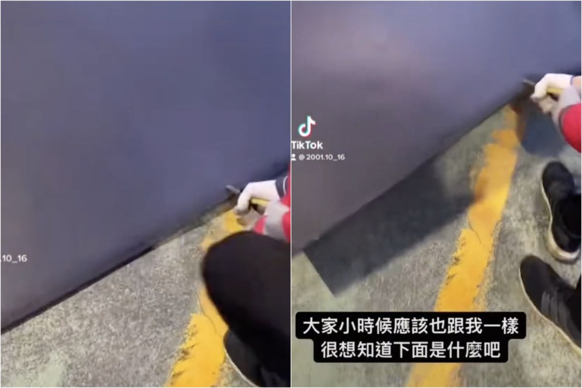 ▲許多加油站的地面都會鋪上大大的「黑色墊子」，有網友就好奇用途為何，並請加油站員工拉開後，多年的疑問終於解答。（圖／翻攝自Tik Tok@2001.10_16）