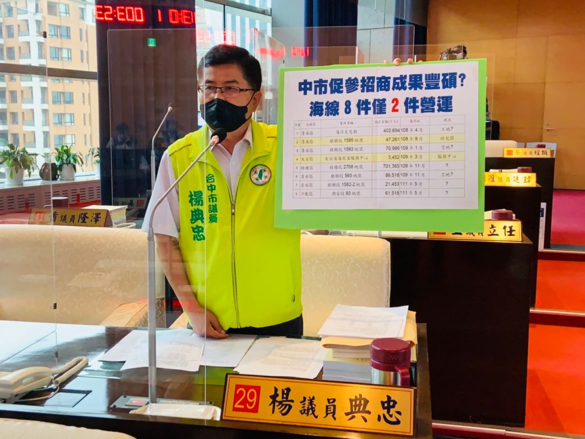 ▲議員楊典忠指出，市府促參公共建設投資案，海線地區8件促參案，卻只有兩件促參案有完成(圖／柳榮俊攝2022.8.2)