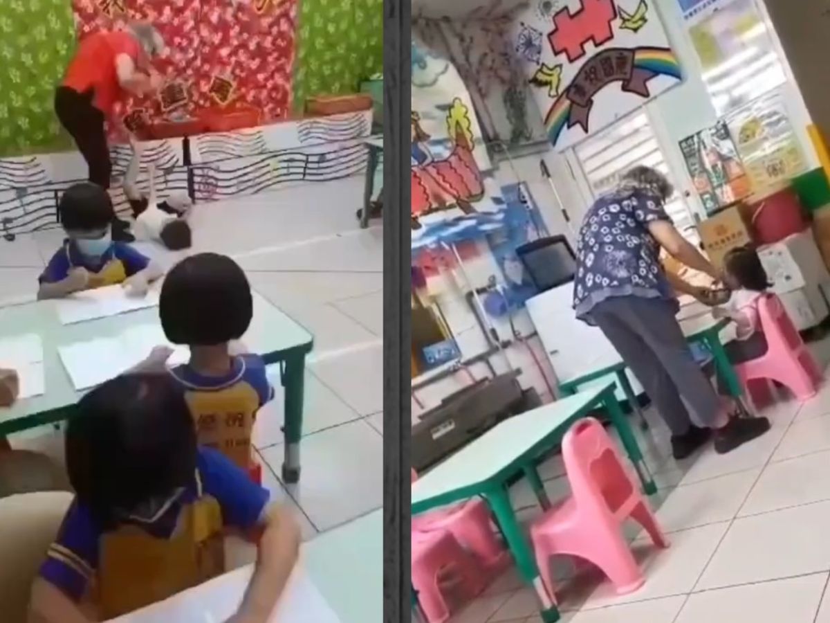 ▲網路流傳的施暴影片，白髮婦人先是暴打小男孩腳底板（左），餵飯時疑因不耐煩，將孩子拉到房間內處罰。（圖／讀者提供，2022.08.02）