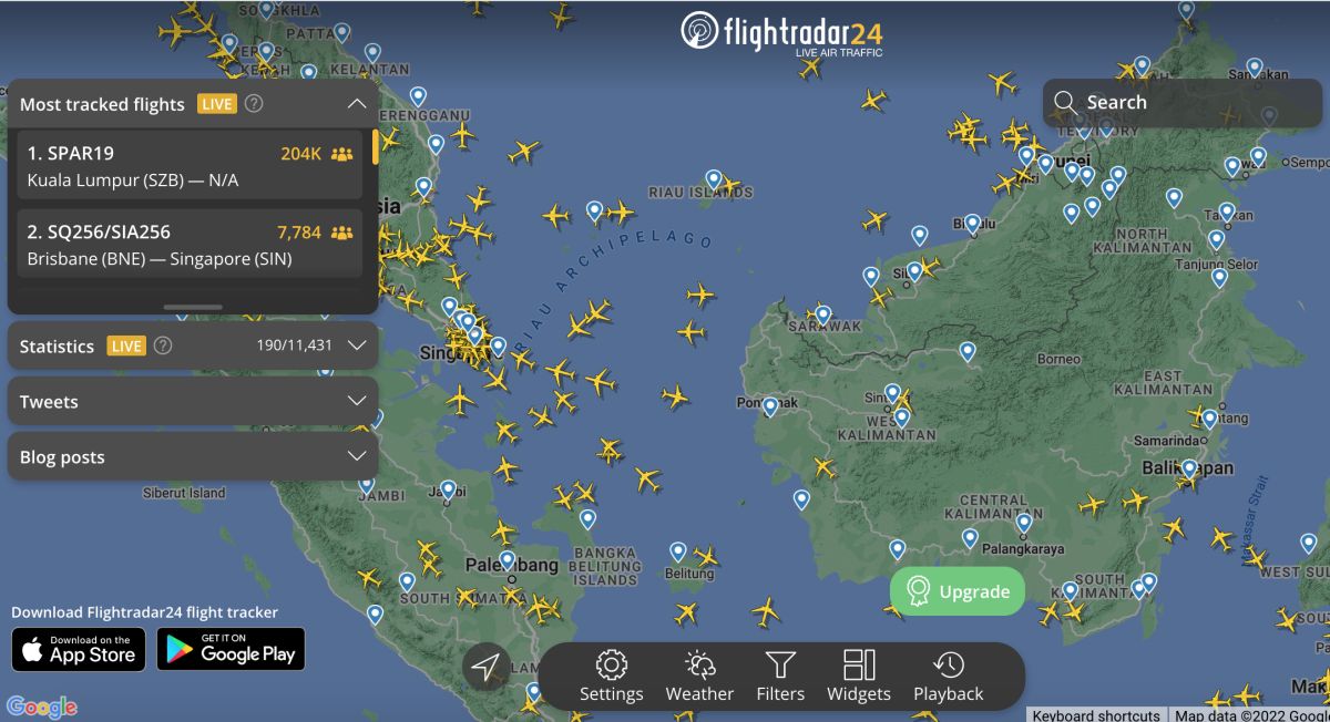 ▲裴洛西搭乘的「SPAR19」C-40C專機在網站上吸引了超過20萬人即時追蹤關注。（圖／翻攝自「Flightradar24」網站）