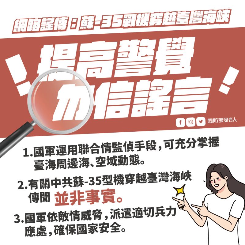 ▲針對央視稱「蘇-35戰機穿越臺灣海峽」,國防部澄清非事實。(圖/國防部提供)