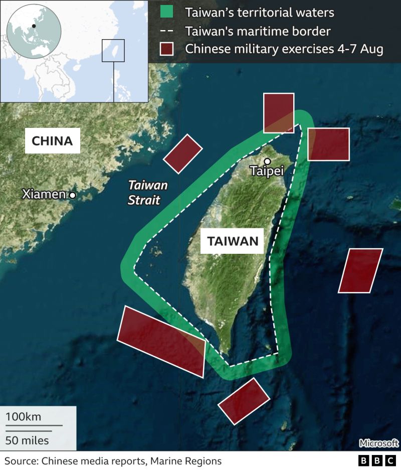 ▲中國解放軍預告軍演3天，6大區域包圍台灣，規模更遠勝1996年飛彈危機。（圖／翻攝自BBC）