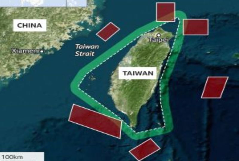 ▲中國解放軍4日起進行連續72小時的實彈軍演，6大區域幾乎將台灣包圍。（圖／翻攝自BBC）