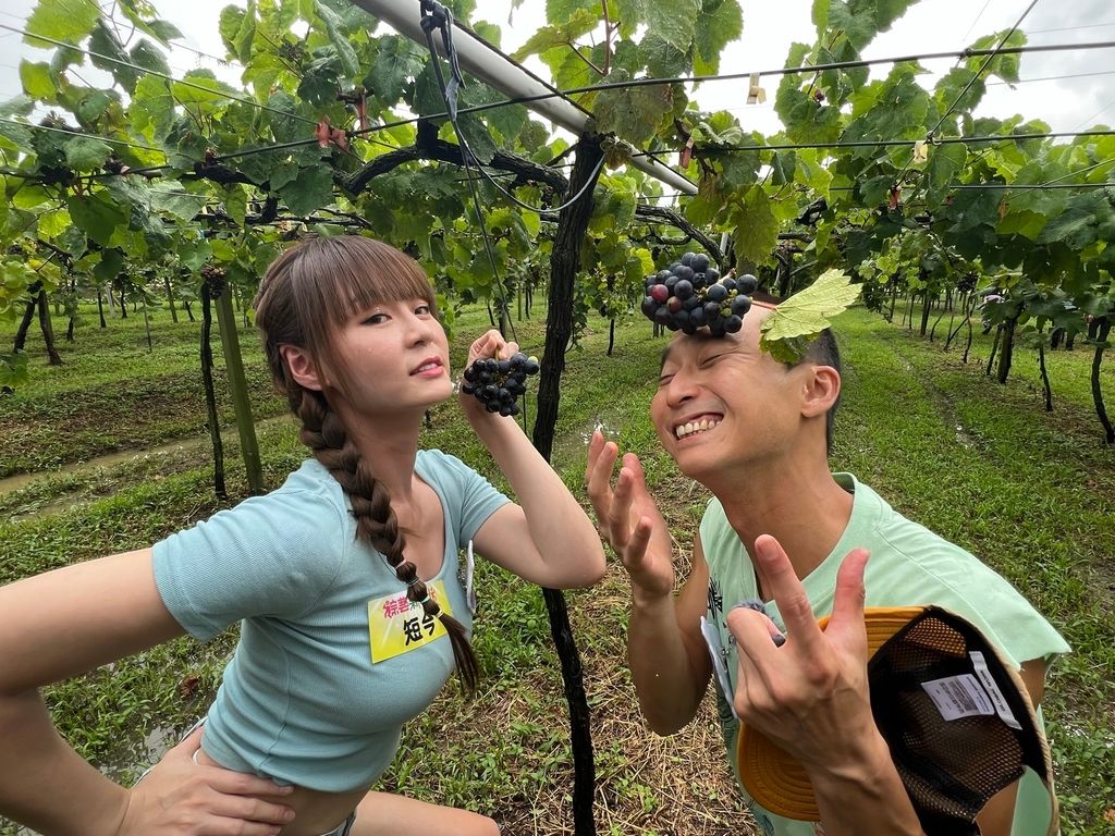 ▲短今（左）採巨峰葡萄，邪惡高度令浩子（右）歪樓。（圖／民視提供）