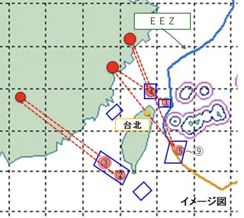 ▲共軍實彈射擊軍演，日本防衛省推定有4枚飛彈經過台灣上空。（圖/日本防衛省）