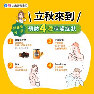 立秋要注意4種秋燥症狀,余朱青營養師公開症狀預防方法。(圖/取自《余朱青 營養師》FB) ▲立秋要注意4種秋燥症狀,余朱青營養師公開症狀預防方法。(圖/取自《余朱青 營養師》FB)