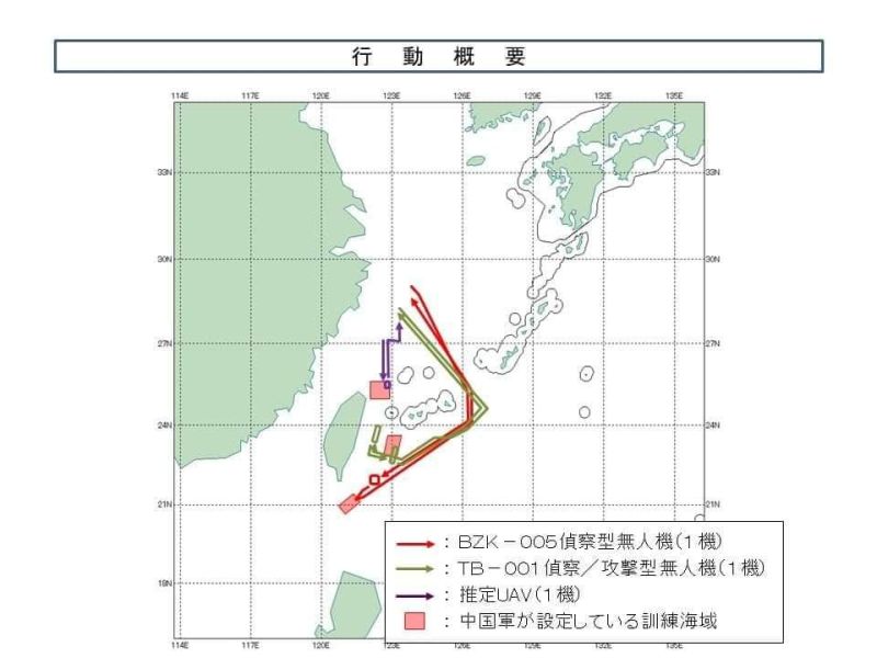 ▲日本防衛省公佈的中國無人機入侵軌跡圖,其中部分軌跡已經侵犯到台灣的防空識別區。(圖/翻攝自日本防衛省)