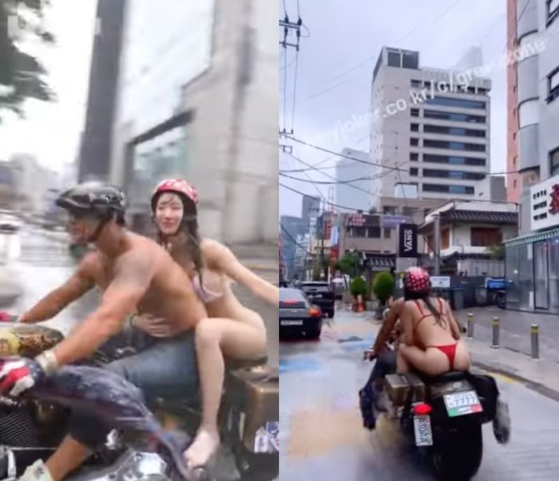 ▲韓國YouTuber「BOSS J」載著穿著比基尼的網美朋友在大街上騎著重機。（圖／翻攝自YouTube）