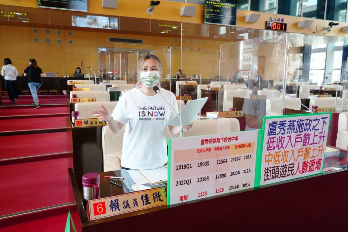 ▲市議員賴佳微指出，台中市近四年來，中低收入增加2469戶(圖／柳榮俊攝2022.8.10)