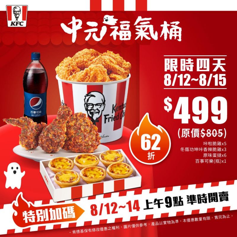 ▲肯德基「中元福氣桶」大受歡迎,業者特別加碼8/12~8/14早上9點餐廳現場提早開賣。(圖/翻攝自KFC FB)