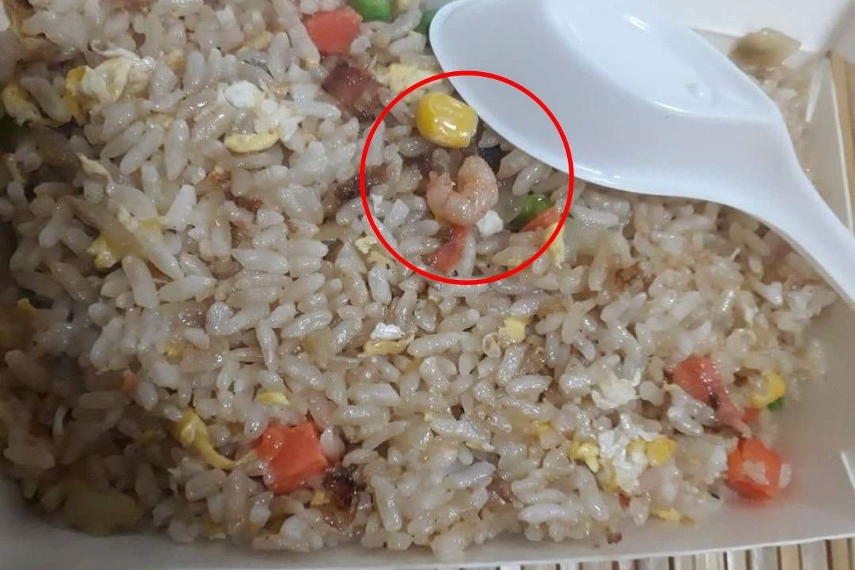 ▲店家玩真的！民眾點「1個蝦仁炒飯」到手還真的1個蝦仁，他傻眼：「太誠實了吧」。（圖／臉書社團《爆廢公社二館》） 