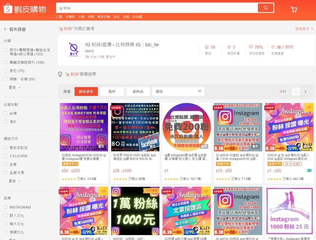 ▲記者實測在蝦皮搜尋「ig 粉絲」關鍵字，搜尋結果出現「免費200粉/永久自動讚」、「1萬粉絲1000元」、「instagram 1000粉絲25元」、「24小時快速增粉」等商品。（圖取自蝦皮購物網頁shopee.tw）