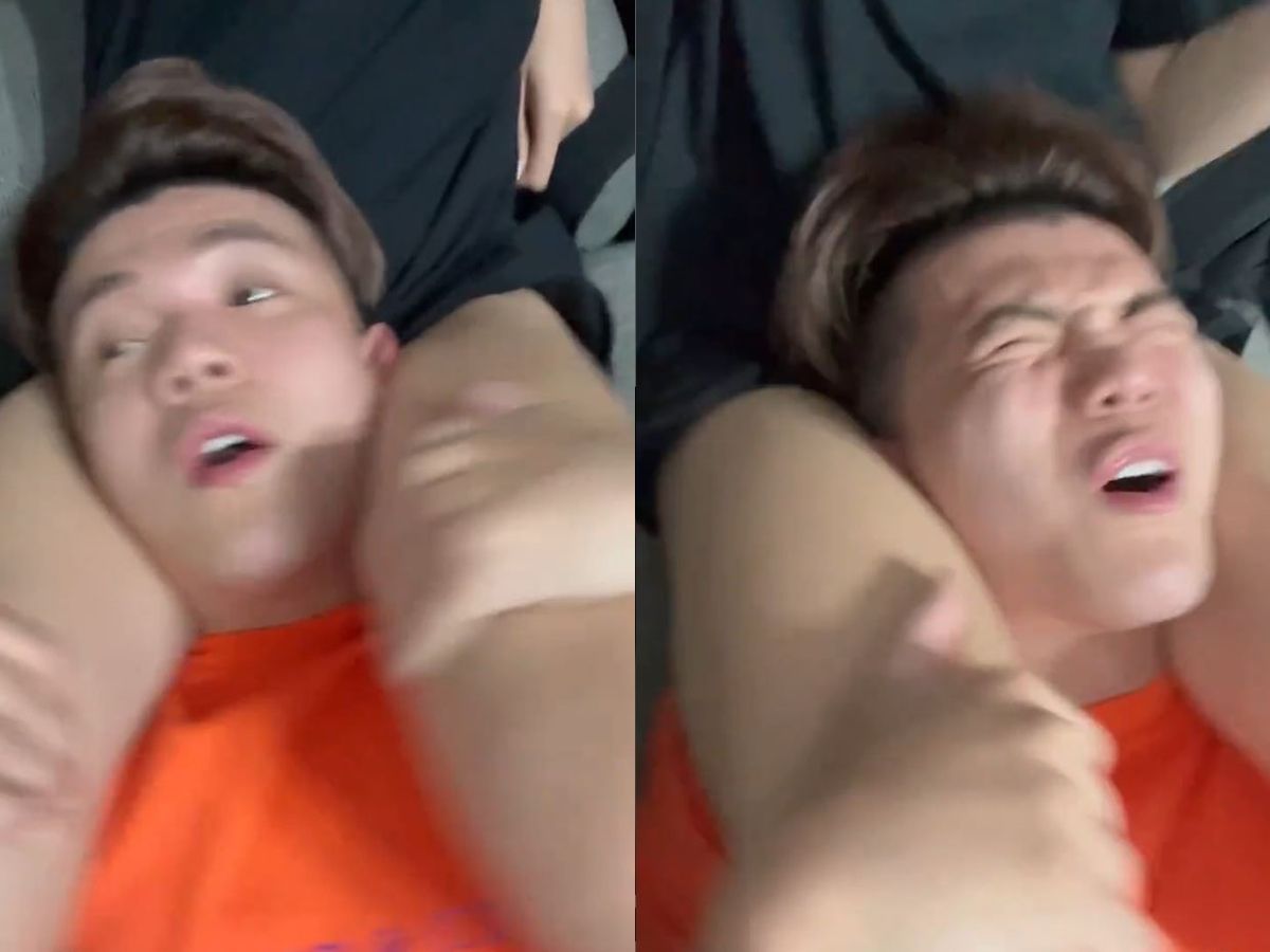 ▲孫生抓女友林宛璇（Wendy）大腿模擬雲霄飛車。（圖／翻攝孫生IG）