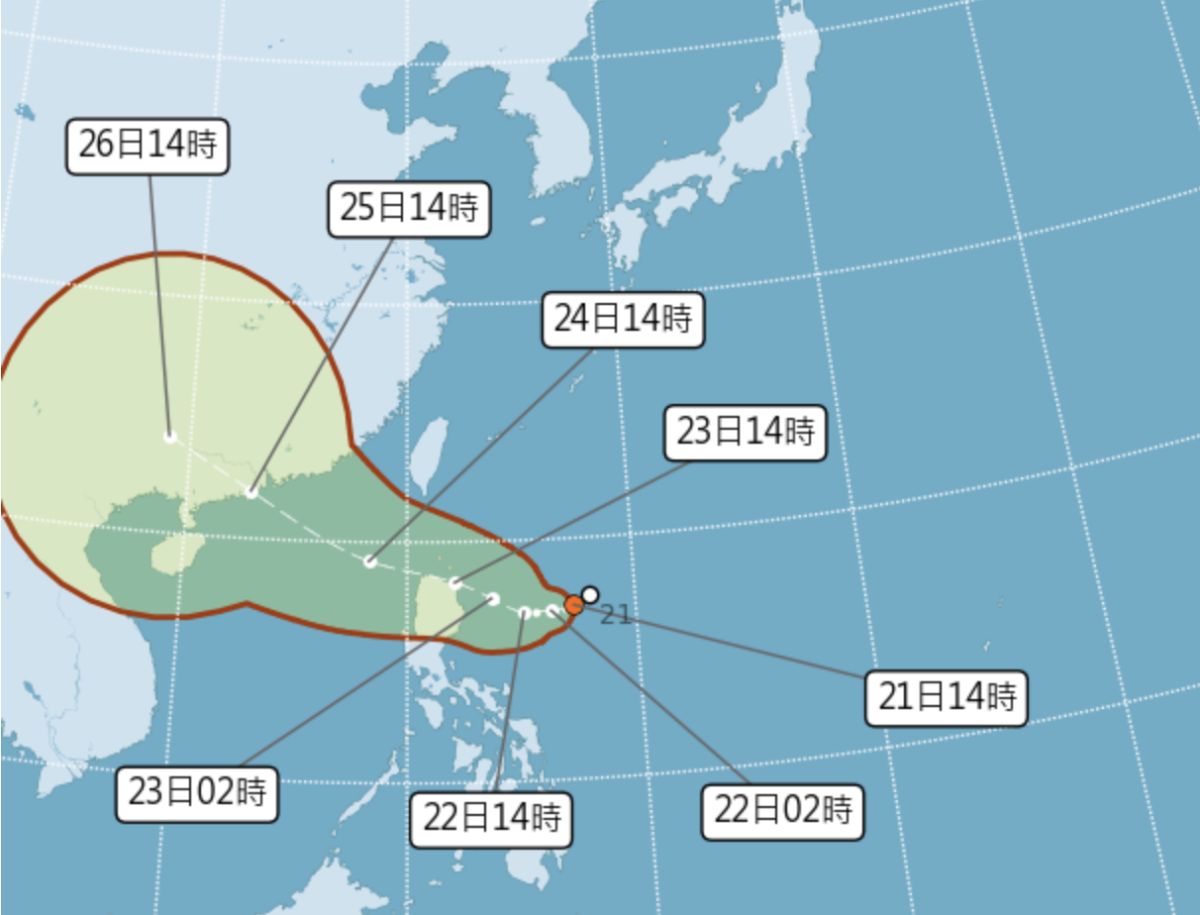 ▲目前在菲律賓東方海面上的熱帶性低氣壓，氣象局預估最快明天下半天到入夜後就有機會發展成為第9號颱風「馬鞍」，但預估並不會直接影響台灣陸地天氣。（圖／翻攝中央氣象局官網）