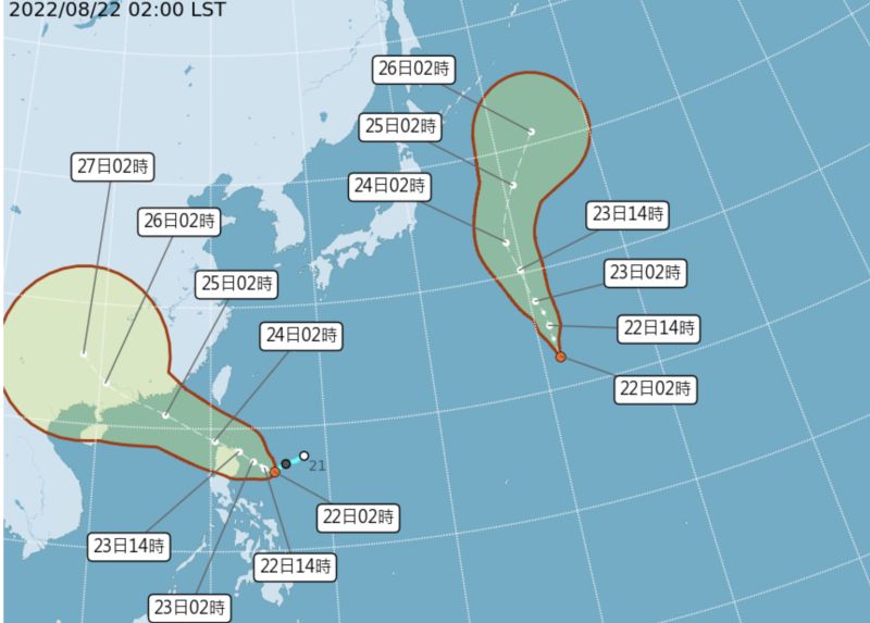 ▲目前在西北太平洋上有2個熱帶性低氣壓，中央氣象局研判未來都有發展成輕度颱風的趨勢，但都不會直接影響台灣陸地天氣。（圖／翻攝中央氣象局官網）