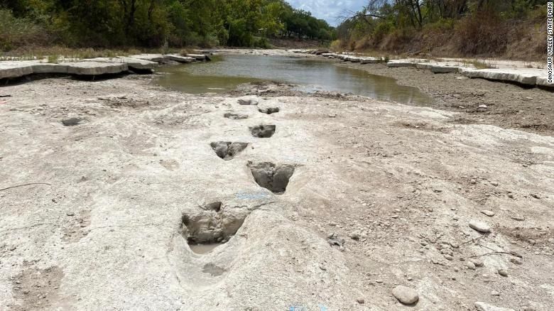 ▲近來美國德州乾旱，導致乾涸的河道出現1.13億年前的恐龍足跡（圖／翻攝自恐龍谷州立公園）