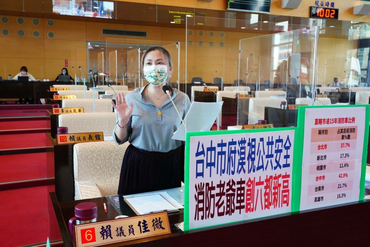 ▲議員賴佳微質疑，中市消防老爺車，根據今年初的統計比例是六都最高，市府持續漠視公共安全(圖／柳榮俊攝2022.8.26)