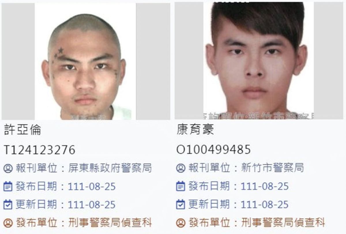 ▲刑事局25日公布目前仍有2位花蓮縣自強外役監受刑人逃逸，提醒民眾多加注意。（圖/刑事警察局）