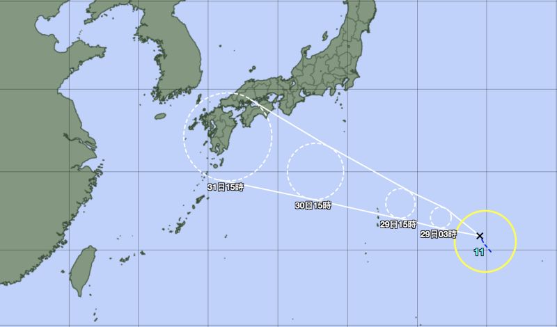 ▲今年第11號颱風軒嵐諾今日下午2時生成，預估未來將朝日本方向移動，對台灣陸地天氣沒有影響。（圖／翻攝日本氣象廳官網）
