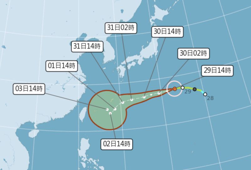 ▲軒嵐諾颱風今日下午已增強為中度颱風，未來將持續快速向琉球南方海域逼近，週四到週六是最接近台灣的時候，一旦路徑偏西或是北轉角度較小，氣象局不排除發布海上或陸上颱風警報。（圖／翻攝中央氣象局官網）