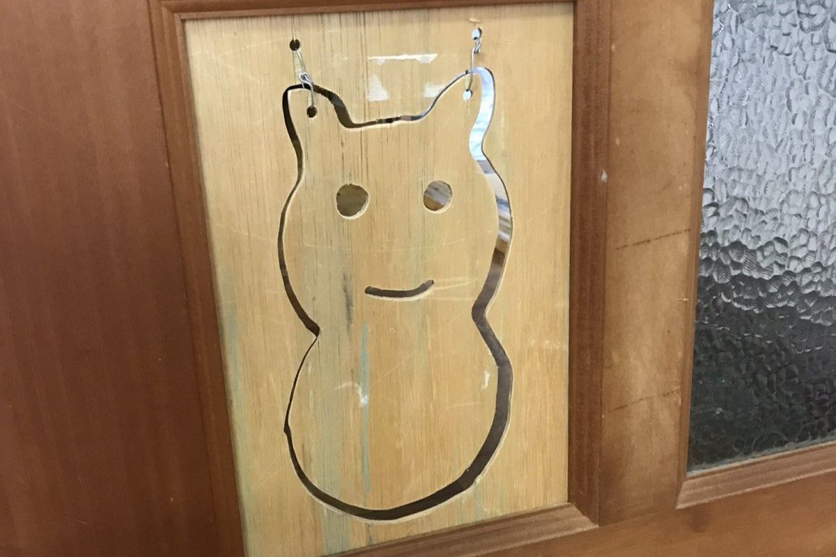 ▲推主回老家時，發現門上裝有一片怪木板，下秒牠驚喜現身。（圖／Twitter：ahodanshi_haha）