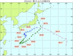 ▲2016年獅子山颱風生成後，先往西南掃過日本南方海面，後來又轉折北上登陸日本北部。（圖／翻攝中央氣象局官網）