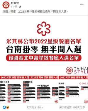 ▲米其林公布2022星級餐廳名單，台南掛零無半間入選引發熱議，3小時內湧入近千則留言。（圖／翻攝臉書）