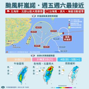 氣象局說明強颱軒嵐諾侵台機率與雨勢影響 ▲氣象局說明強颱軒嵐諾侵台機率與雨勢影響(圖/翻攝自「報天氣-中央氣象局」臉書)